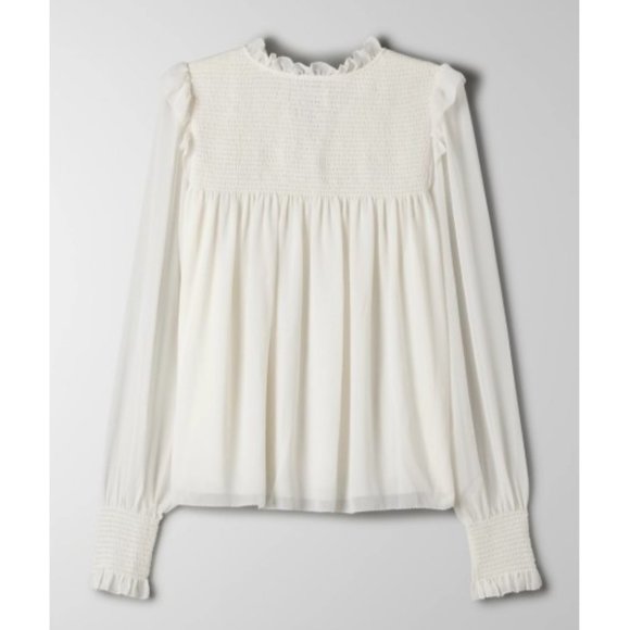 ARITZIA WILFRED CREAM SMOCKED LACE-UP RUFFLE BLOUSE M NWT - Picture 3 of 15